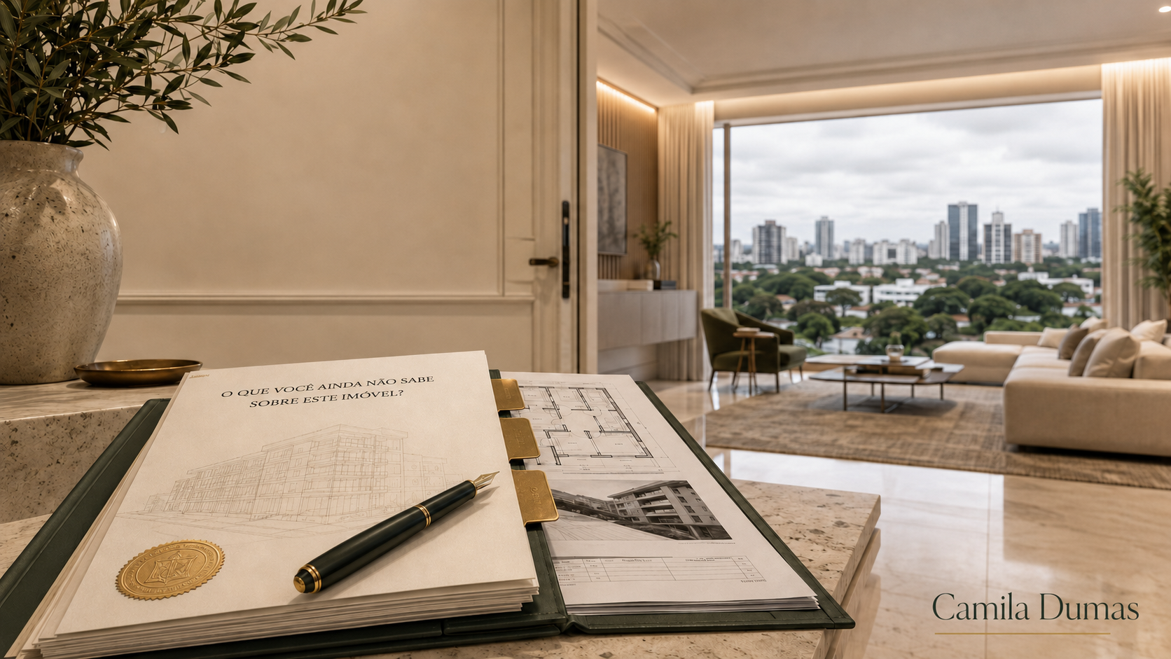 Documentos de análise jurídica imobiliária sobre uma mesa, diante de um apartamento com vista urbana de Curitiba, acompanhados da pergunta ‘O que você ainda não sabe sobre este imóvel?’ e da assinatura Camila Dumas.”
